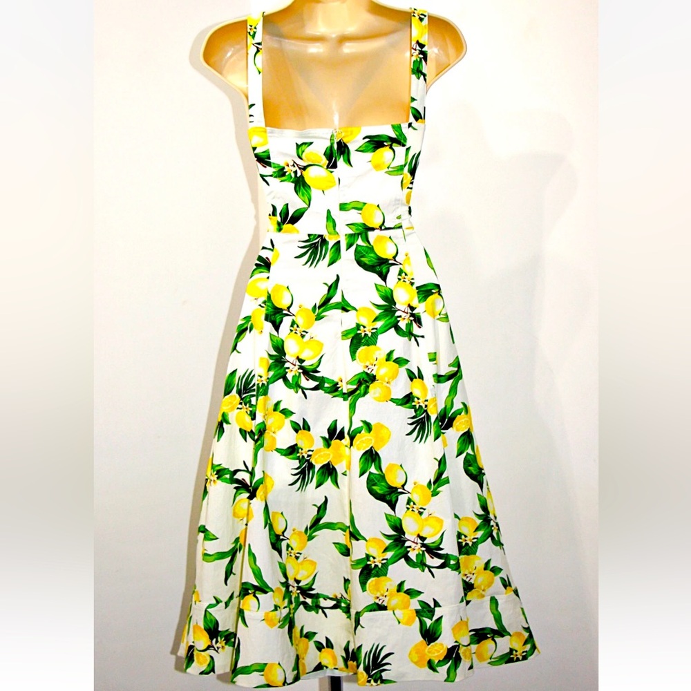 New Avec Les Filles Lemon Print Pockets Cotton-Blend Sweetheart Midi Dress - Picture 10 of 11